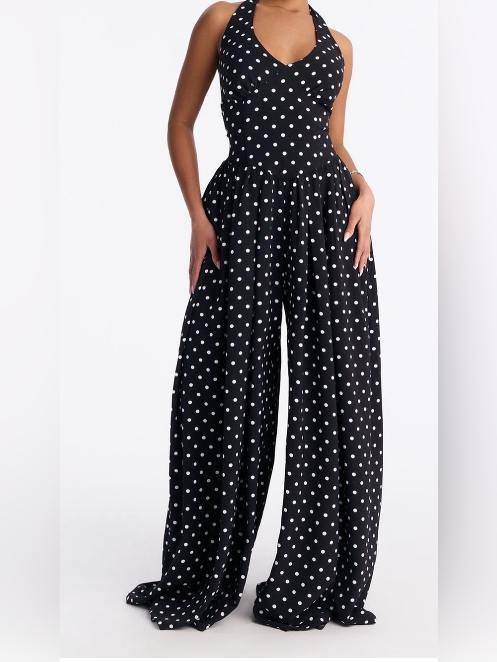 Fashion Nova Black & White Polka Dot Halter Wide-Leg Jumpsuit